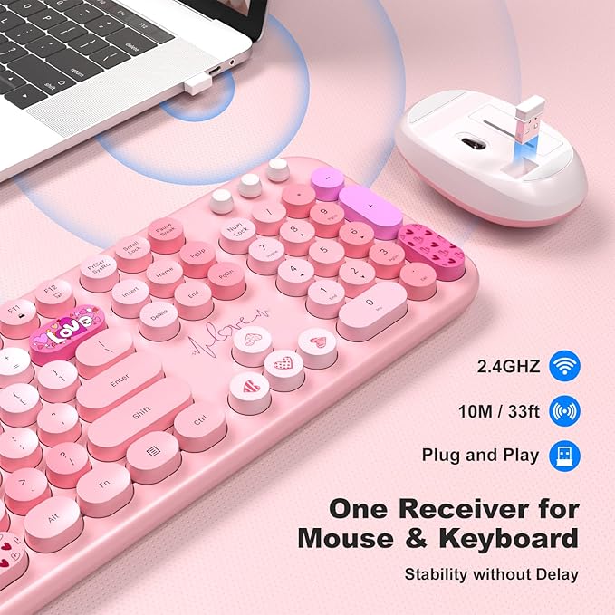 MOFII Wireless Keyboard and Mouse Combo, Full Size 2.4G Plug and Play Typewriter Retro Round Computer Keyboard and Mouse Set for Windows, Computer, Desktop, PC, Notebook - (Pink Colorful)