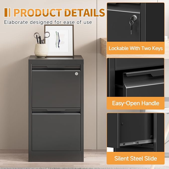 2-Drawer Metal File Cabinet with 1 Lockable Drawer,Steel Printer Stand with Storage for Home Office,Vertical Filing Cabinet for Legal/Letter/A4 Files,Assembly Required(15''W-2 Drawers,Black)