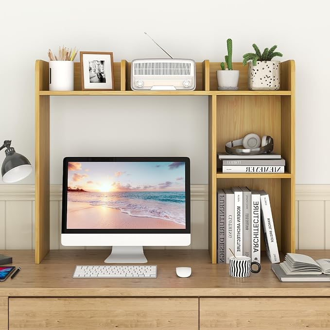 GOFLAME 5 Shelves Desktop Bookshelf, Wood Desk Hutch Dorm for Computer Desk, Countertop Display Rack, 3-Tier Desk Storage Organizer Shelf for Dormitory, Home Office, Study, Burlywood