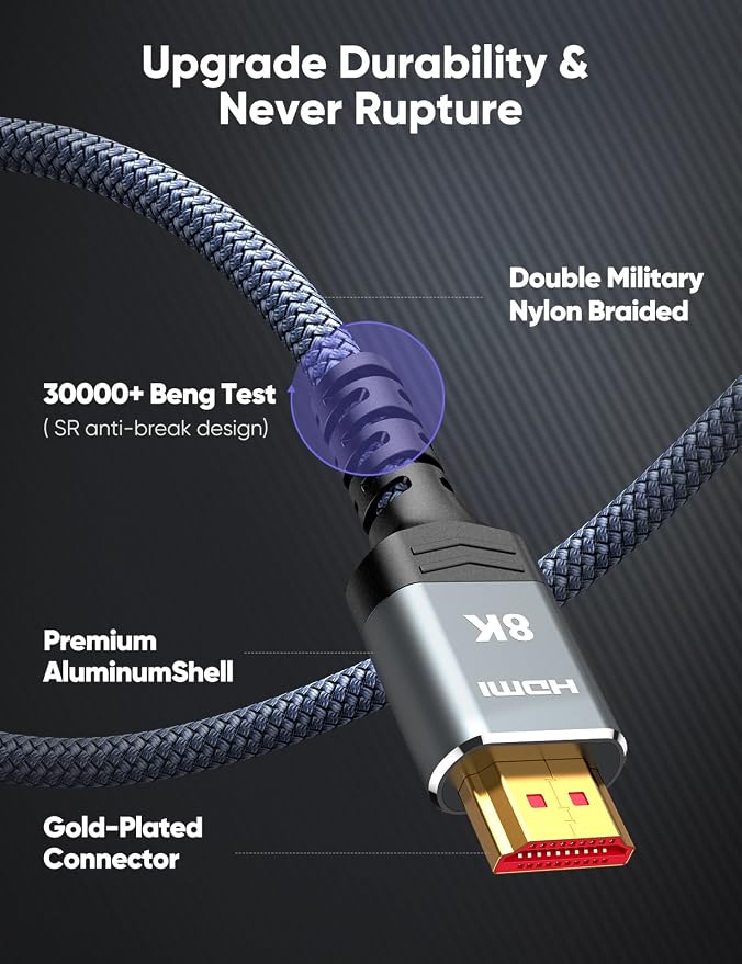 Highwings 8K HDMI Cable 2.1 5FT/1.5M 2-Pack, 48Gbps High Speed HDMI Cord-Nylon Braided 8K60Hz 4K120Hz 4K144Hz 3D eARC HDR10 4:4:4 HDCP 2.2&2.3 QMS DSC VRR, Compatible for Laptop, Monitor, Roku TV,HDTV