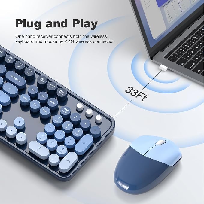 MOFII Wireless Keyboard and Mouse Combo, Full Size 2.4G Plug and Play Typewriter Retro Round Computer Keyboard and Mouse Set for Windows, Computer, Desktop, PC, Notebook - (Sea Blue Gradient)