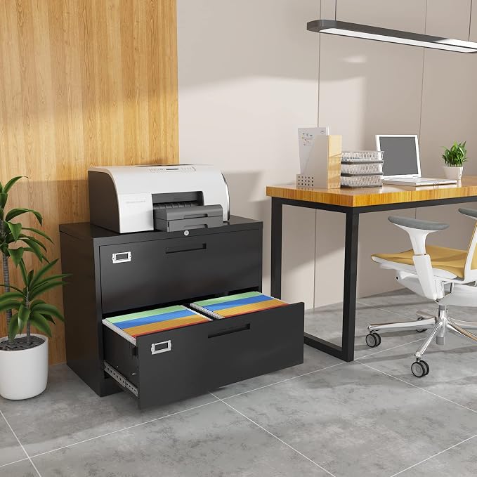 BYNSOE 2 Drawer Lateral File Cabinet Metal Filing Cabinet with Lock Office Home Steel Lateral File Cabinet for A4 Legal/Letter Size Lockable Wide Metal Cabinet,Assembly Required(2 Drawer, Black)