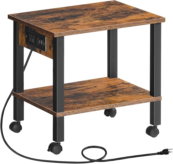 HOOBRO 2-Tier Printer Stand with Charging Station, Under Desk Printer Table, Printer Cart with Storage Shelves, Shelf for Small Spaces, for Home Office, Rustic Brown and Black BF38UPS01