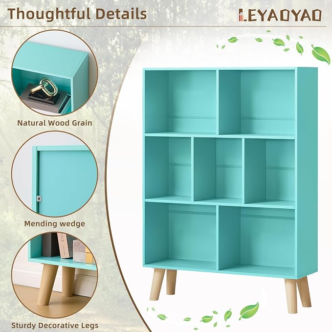 LEYAOYAO 7 Cube Bookshelf 3-Tier Bookcase with Legs, Mint-Green Kids Book Shelf Cute Storage Organizer, Toy Shelves Bookshelves,Wood Display Bookcases