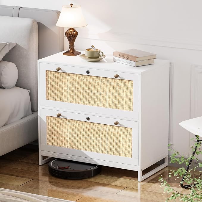 VINGLI White & Natural Rattan 2 Drawer Lateral File Cabinet with Lock, Wood Locking File Cabinets for Home Office, File Cabinet Printer Stand for Hanging Letter/Legal Size Folders, 30W x 16D x 28H