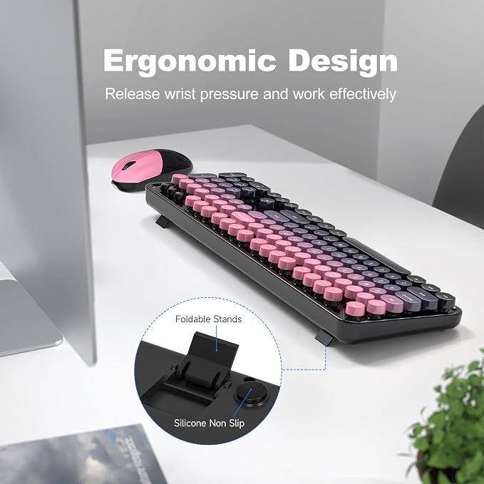 MOFII Wireless Keyboard and Mouse Combo, Retro Typewriter Keyboard with Colorful Round Keycaps, 2.4GHz USB Plug Play Connection for PC Laptop Windows XP/7/8/10 (Berry Pink)