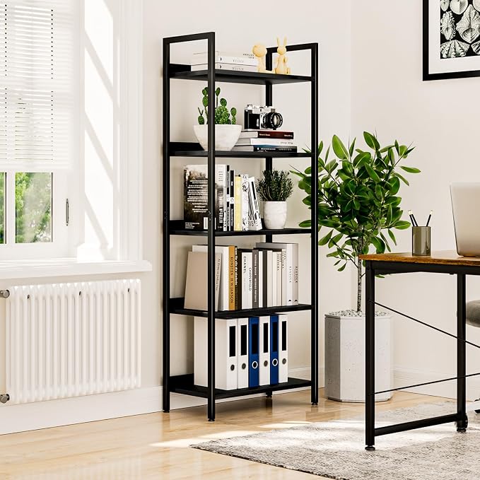 NUMENN Bookshelf, 5 Tier Bookshelves, Home Office Bookcase Shelf Storage Organizer, Free Standing Storage Shelving Unit for Bedroom, Living Room and Home Office, Black