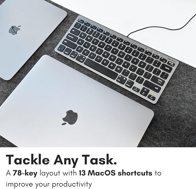 Macally Small USB Wired Keyboard for Mac and Windows - 78 Scissor Keys, 13 Shortcut Compatible Apple Keyboard - Mini Compact USB Computer Keyboard That Saves Space and Looks Great - Space Grey