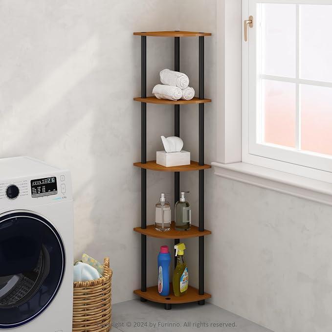 Furinno Turn-N-Tube Storage Shelves, 5-Tier Book Shelf, Corner Shelf, Toolless Open Shelves, for Organization and Storage, Living Room, Home Office, Hallway, Bedroom, Light Cherry