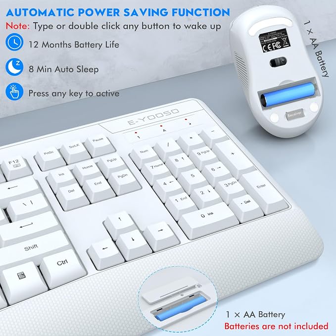 Wireless Keyboard and Mouse Combo, E-YOOSO 2.4GHz Full Sized Ergonomic Wireless Keyboard with Wrist Rest, 3 DPI Adjustable and 6 Buttons Cordless USB Mouse for Computer, Laptop, PC, Windows (White)