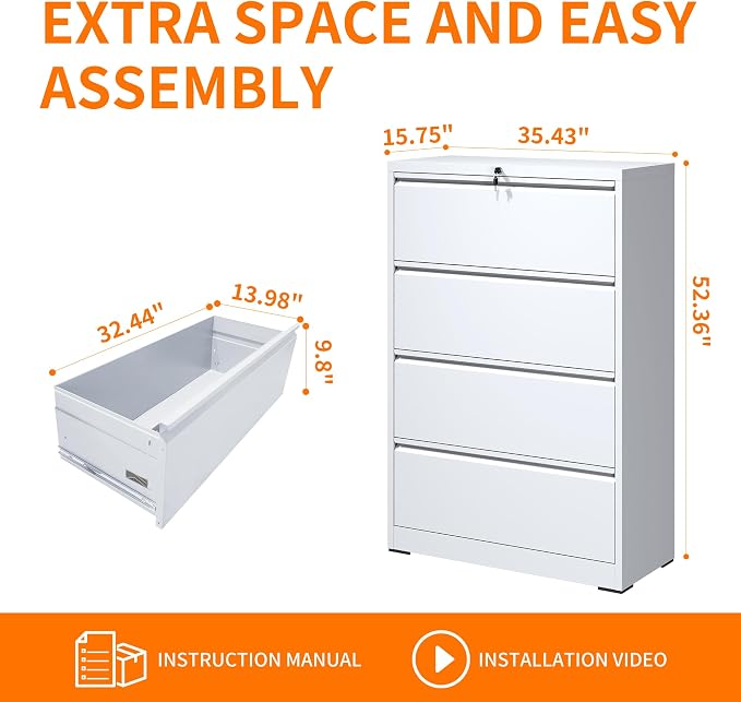 Locking Filing Cabinet with 4 Drawer Heavy Duty Large Metal Cabinet Home Office White Lateral File Cabinets Wide Steel Cabinets for Legal/Letter Size File,Assembly Required