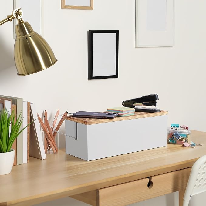 Bivvclaz Large Cable Management Box, Wooden Cord Organizer Box for Desk, Floor, Office to Hide Extension Cords Power Stripes Surge Protectors Chargers Wires, White