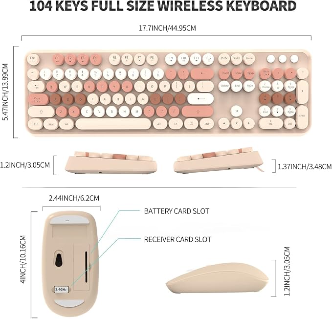 Wireless Keyboard and Mouse Combo Cute Colorful Keyboard and Mouse, Retro Typewriter Keyboard with 2.4GHz Plug & Play, for Windows 11/10/7, Laptop, PC (Milk Tea)
