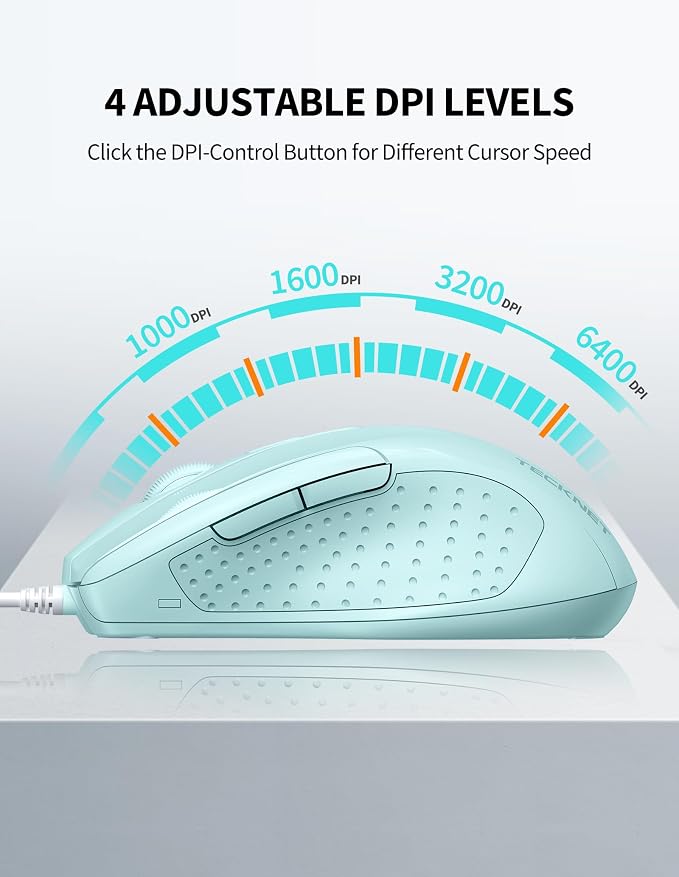 TECKNET Wired Mouse, 6-Button Corded with 4 Adjustable DPI, Ergonomic Optical Mouse, 5FT Cord for Laptop, Chromebook, PC, Desktop, Mac, Notebook - LT.Green
