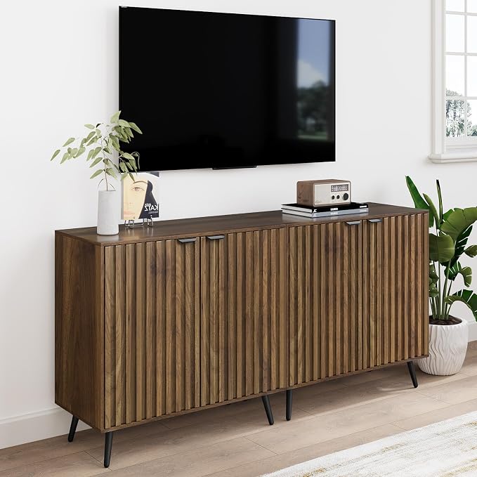 Smuxee Fluted Sideboard Cabinet, Freestanding Walnut Buffet Cabinet with Adjustable Shelf, Wood Storage Cabinet for Living Room, Entryway, Hallway