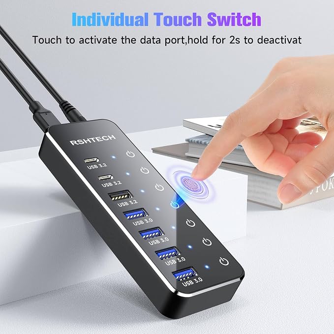RSHTECH 7-Port Powered USB 3.2/USB C Hub with 10Gbps USB-A 3.2, 2 USB-C 3.2, 4 USB 3.0 Ports, Individual Touch Switches, 3.3ft Cable and 5V Power Adapter, USB Hub Splitter for Laptop/PC, RSH-ST07C