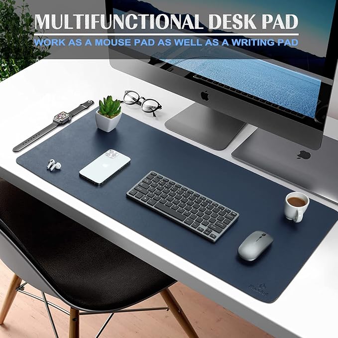 K KNODEL Large Office Leather Desk Mat, Mouse and Keyboard Pad, Computer and Laptop Mat, Desktop Protector and Cover, Writing Pad and Blotter (31.5"x15.7", Dark Blue)