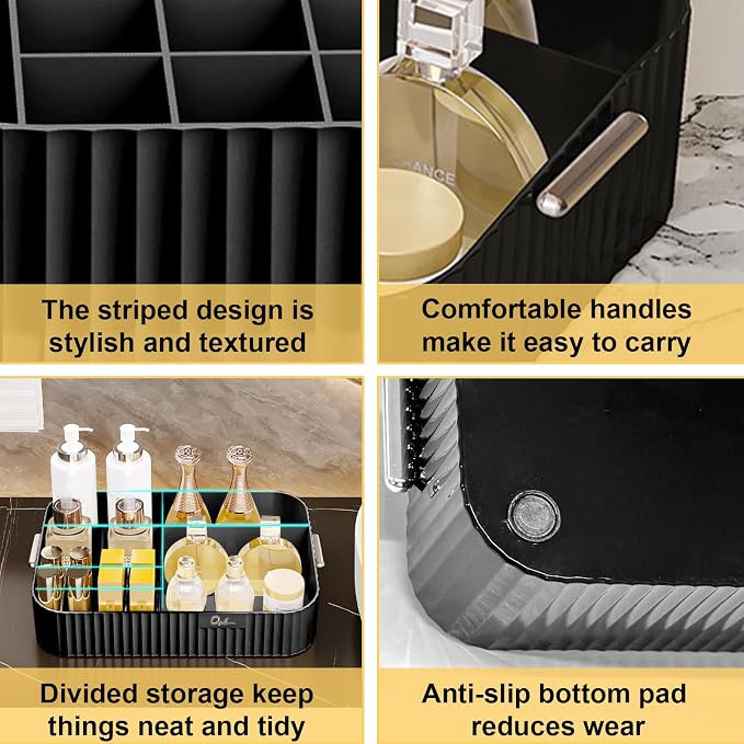 DASITON Large Capacity Makeup Organizer,12 Slots Makeup Brush Holder,Makeup Storage with Handle,Vintage Striped Cosmetic Organizer for Bathroom Countertops,Desk Storage Container(Black)