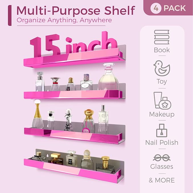 4 Pack 15 Inch Pink Reflective Acrylic Shelves, Pink Floating Shelves, Modern Sunglasses Essential Oil Picture Ledge Display Toy Storage Shelf