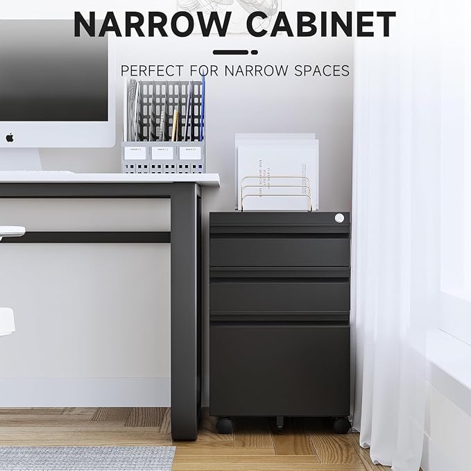 Letaya 3 Drawer Mobile File Cabinet with Lock, Under Desk Metal Rolling Filing Cabinets for Home Office Organizer Letters/Legal/A4 (Black- Requires Installation) (Black)