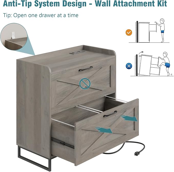 Lateral File Cabinet 2 Drawer File Cabinet with Charging Station for Legal/Letter/A4 Size Hanging Files, Modern Farmhouse Large Wood File Storage Cabinet for Home Office Furniture(Washed Gray)