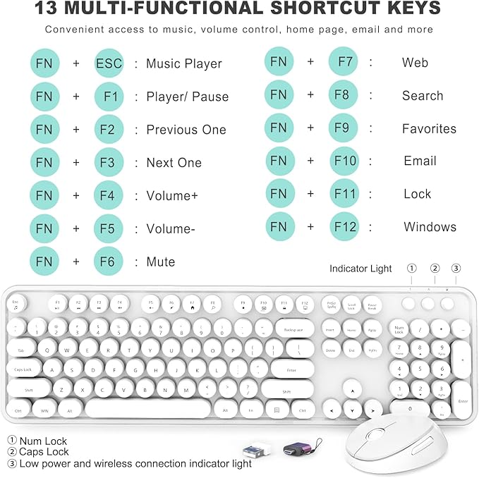 Wireless Keyboard and Mouse Combo, Ergonomic Full Size Typewriter Retro Round Keycaps Keyboard, Compatible with Windows, PC, Perfer for Home and Office Keyboards（White）