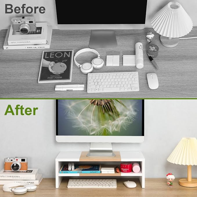 TEAMIX 2 Tiers Desktop Monitor Stand Riser 20 Inch Printer Stand with Storage Small TV Riser Laptop Wooden Desk Organizer Shelf Bookshelf Maple (White+Maple, 2 Tiers)