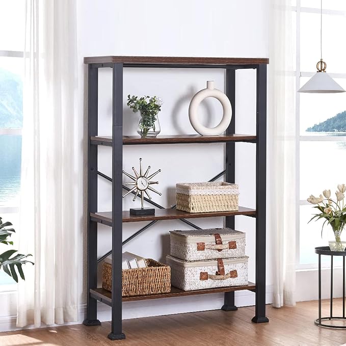 HOMBAZAAR 4 Tier Bookshelf,Rustic Brown Industrial Book Shelf,Engineered Wood and Metal Deep Bookcases,Low Shelf Bookcase for Living Room,Office,Bedroom and Kitchen