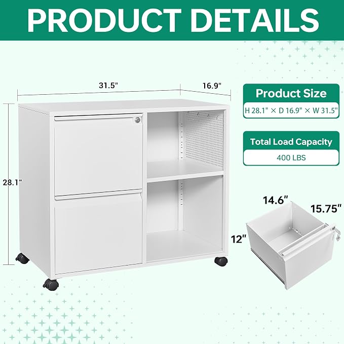 Letaya Mobile File Cabinet, Metal Lateral Rolling Printer Stand Filing Cabinets with Shelves for Home Office-Storage A4/F4/Letter (White)