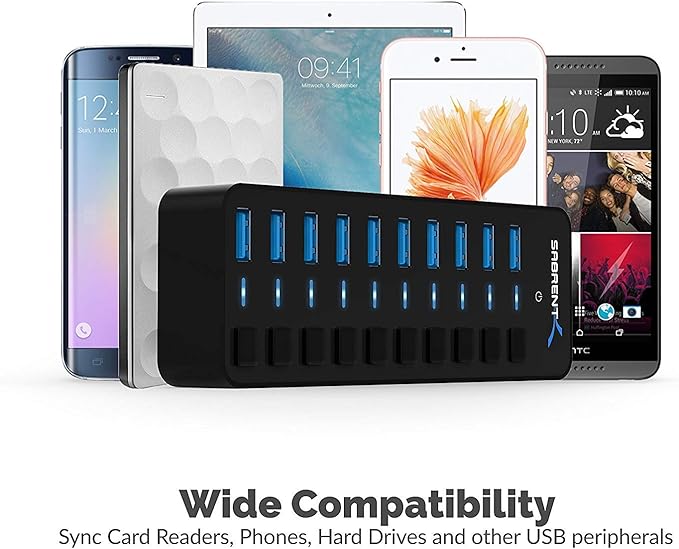 SABRENT 10-Port 60W USB 3.0 Hub with Individual Power Switches and LEDs, Includes 60W 12V/5A Power Adapter (HB-BU10)