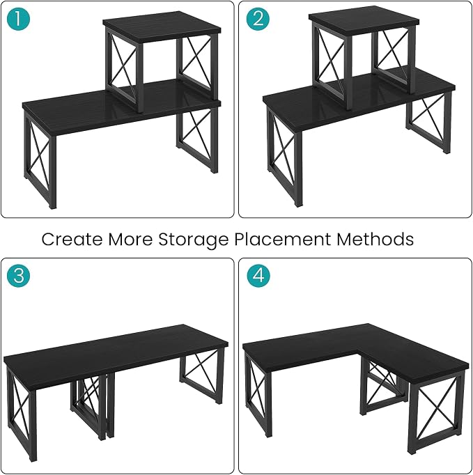 ELITEROO Wood Desktop Shelf, Freestanding Small Bookshelf Dorm Supplies Organizers, 2 Tier Independent Stackable Desk Stand, Adjustable Storage Organizer, Kitchen Counter Display Rack, Black