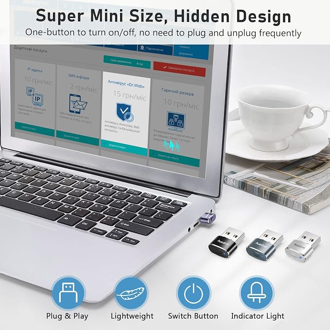 AUEDROT Mouse Jiggler Undetectable Metal USB Mouse Mover with Switch Button, Automatic Mini Mouse Shaker with 2 Jiggle Modes, Plug and Play, Keep Computer/Laptop Awake, Purple, 2 PCS