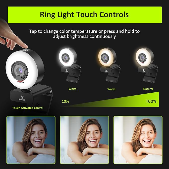 NexiGo N960E 1080P 60FPS Webcam with Light, Software Included, Fast AutoFocus, Built-in Privacy Cover, USB Web Camera, Dual Stereo Microphone, for Zoom Meeting Skype Teams Twitch