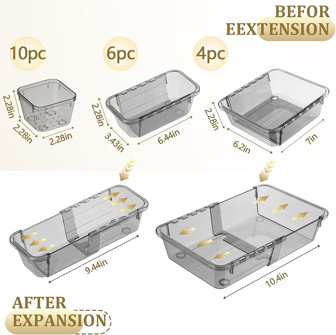 20 Pcs Adjustable Clear Drawer Organizer, Extendable Vanity Storage Bins, Desk Drawer Organizer Set for Makeup, Cosmetics, Bedroom, and Gadgets, Black
