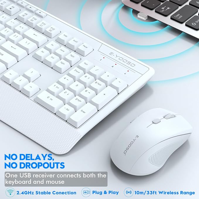 Wireless Keyboard and Mouse Combo, E-YOOSO 2.4GHz Full Sized Ergonomic Wireless Keyboard with Wrist Rest, 3 DPI Adjustable and 6 Buttons Cordless USB Mouse for Computer, Laptop, PC, Windows (White)