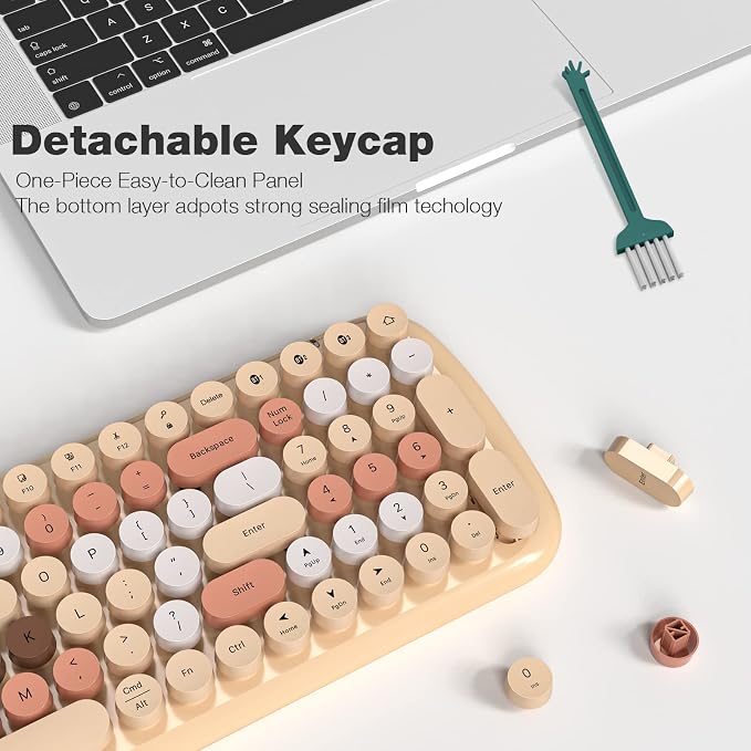 MOFII Wireless Bluetooth Keyboard for Mac, iPad, iPhone, PC, Laptop & Android, Connect up to 3 Devices Simultaneously, Portable 100-Key Typewriter Retro Round Keycaps Keyboard- Milk Tea Colorful