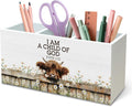 DILSJ Christian Highland Cow Pen Pencil Holder Organizer for Desk, Highland Cow Gifts for Women, I Am a Child of God Wooden Box Signs for Home Office Desk Tabletop Decoration