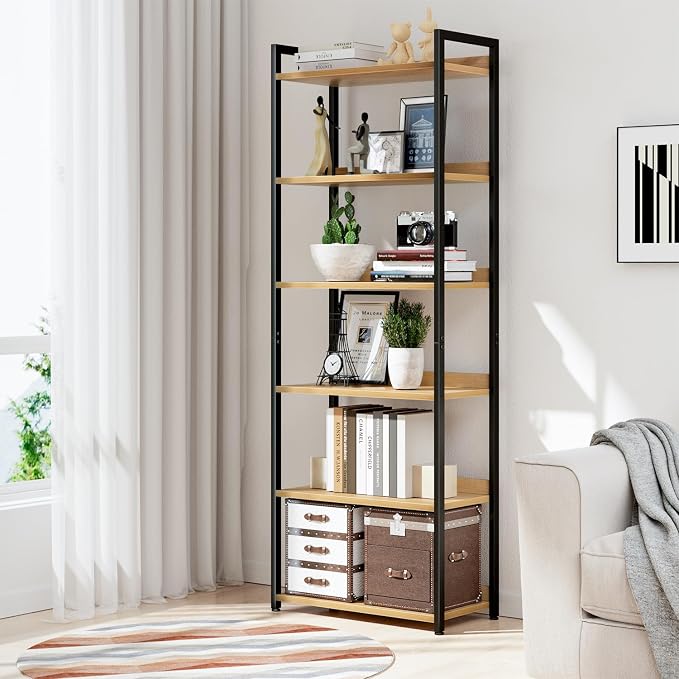 NUMENN Bookshelf, 6 Tier Bookshelves, Home Office Bookcase Shelf Storage Organizer, Free Standing Storage Shelving Unit for Bedroom, Living Room and Home Office, Natural