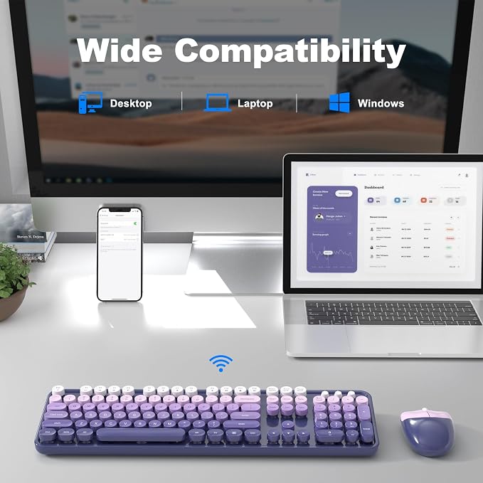Wireless Keyboard and Mouse Combo, 2.4GHz Gradient Colorful Full-Size Retro Typewriter Keyboard with Wireless Mouse for PC/Desktop/Laptop/Windows (Purple Gradient)