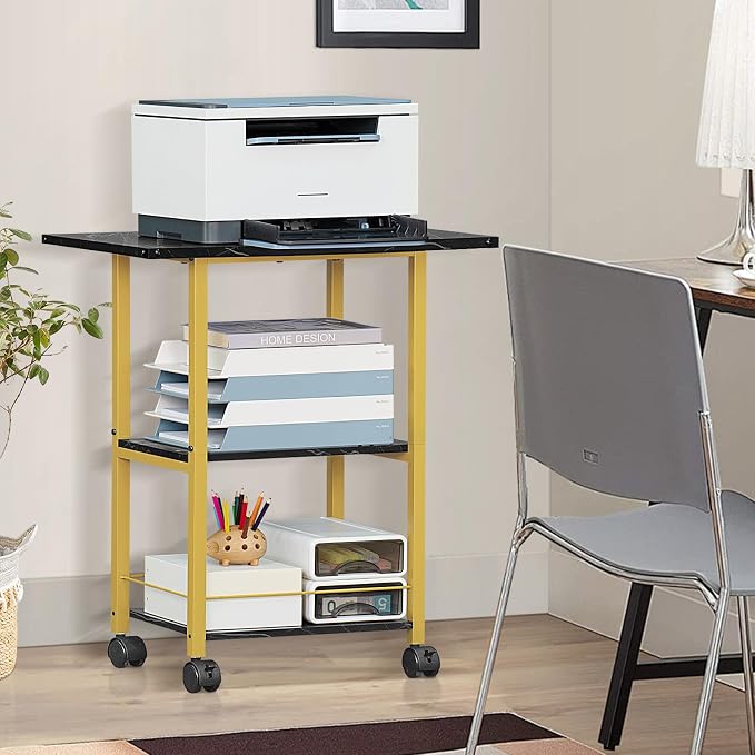 Lerliuo 3-Tier Printer Stand, Industrial Mobile Printer Table with Storage Shelf and Steel Frame, Rolling Printer Cart Holder with Lockable Wheels for Home, Office (Black)
