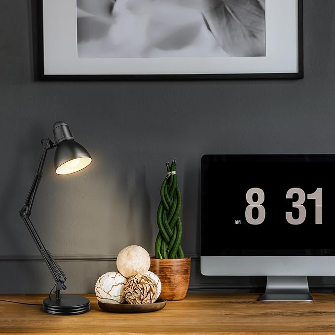 Globe Electric 5698601 28" Heavy Base Top Moving Spring Balanced Swing Arm Desk Lamp, Black, On/Off Rotary Switch on Shade, Office Decor, Reading Light, Home Essentials, Room Lighting