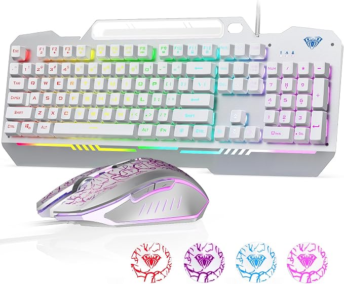 AULA Gaming Keyboard, T102 104 Keys Keyboard and Mouse Combo, USB Wired Computer Keyboards Mechanical Feel Full Size, RGB Backlit for PC/Laptop Gaming or Working/Office (White)