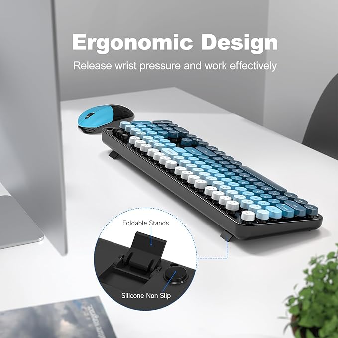 Wireless Keyboard and Mouse Combo, 2.4GHz Retro Full-Size Typewriter Keyboard with Number Pad and Wireless Mouse for PC/Laptop/Desktop/Windows (Black Blue)