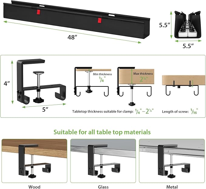 KEEGH Extra Large 48" Under Desk Cable Management Tray - Under Desk Cord Management - Clamp/Screw Mount - Support Upto 70lbs - Fabric Wire Management - Cable Raceways Tray Cord Hiders for Office/Home