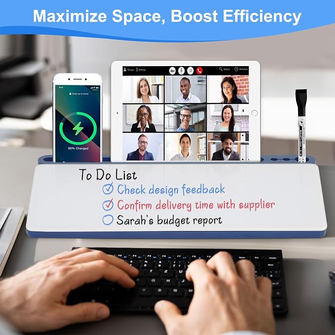 Glass Desktop Whiteboard with Storage, Desk White Board with Computer Keyboard Stand,White Dry Erase Board with Drawers for Home,School,Office - Blue