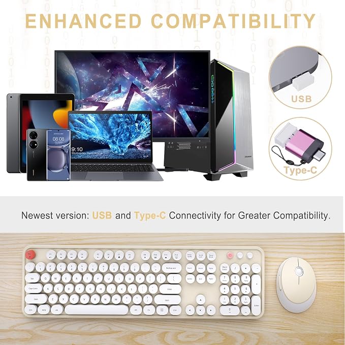 Wireless Keyboard and Mouse Combo, Ergonomic Full Size Typewriter Retro Round Keycaps Keyboard, Compatible with Windows, PC, Perfer for Home and Office Keyboards (Beige