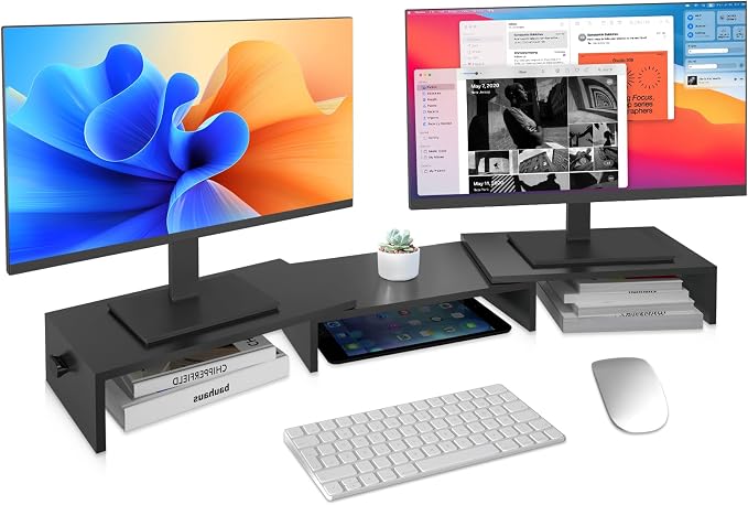 Pholiten Dual Monitor Stand Riser for 2 Monitors，Desktop Monitor Stand with Adjustable Length and Swivel Angles, Extra Long Multifunctional Stand up to 48.2" fit Computer Laptop Printer Max 44 lbs