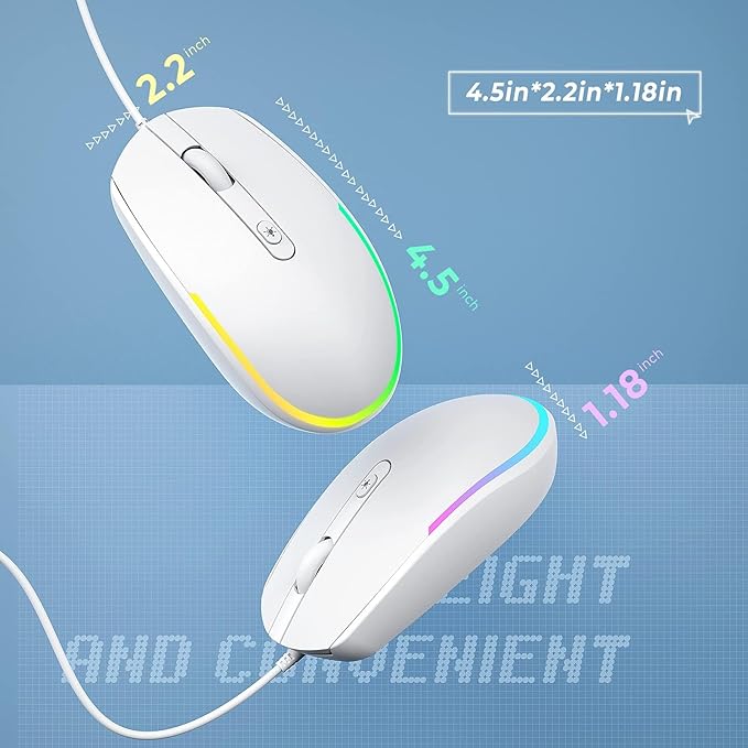 Seenda Wired RGB Backlit Optical LED Mouse - USB Cord for Laptops, Notebooks, Chromebook (White)