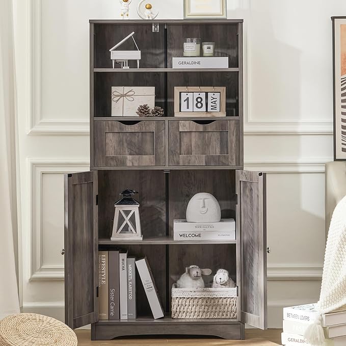 Iwell Tall Storage Cabinet with 2 Drawers & Adjustable Shelf, Bathroom Cabinet with Doors, Kitchen Pantry Storage Cabinets, Cupboard for Living Room, Dining Room, Entryway, Rustic Gray