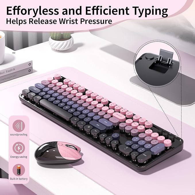 Wireless Keyboard and Mouse, MOFII 104 Round Keycaps Retro Typewriter with OTG & Brush, Full-Size Ergonomic, Ideal for Windows PC, Home, Office and College Peach Pink